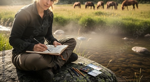 Man sits cross-legged writing journal by river at dawn — Digital detox wilderness retreat for reflective writing and flowing water energy Stock royalty free