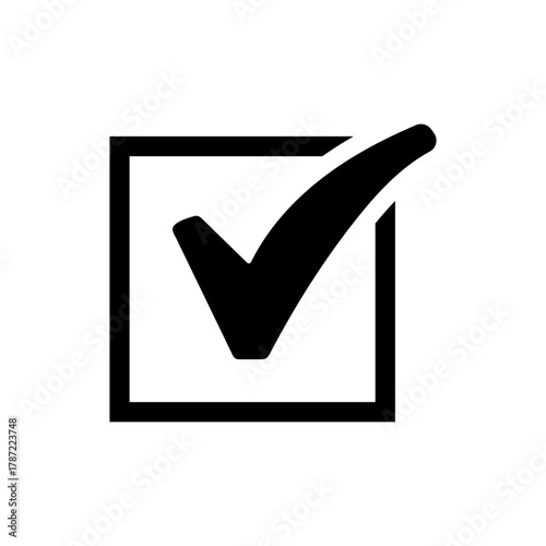 Black checkmark icon in a square box indicating success, completion, or approval symbol