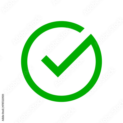 Green check mark icon in incomplete circle. correct, complete, confirm, approval symbol.