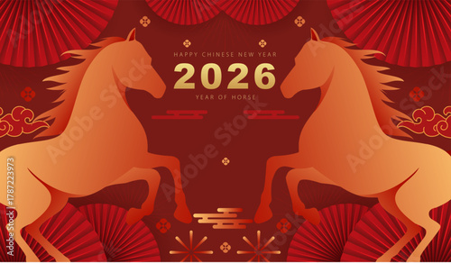 Chinese New Year 2026 celebration with golden horse zodiac, red festive background, lanterns, traditional patterns, clouds, and lucky decorations for Lunar New Year design.