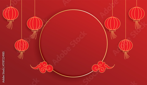 Happy Chinese new year. Chinese new year banner for show product. greeting card. china frame with lantern on red background. vector design.