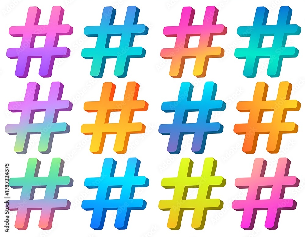 Fototapeta premium Colorful, three-dimensional hashtag symbols arranged in a grid