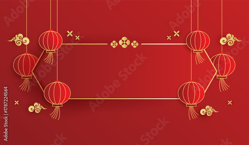 Happy Chinese new year. Chinese new year banner for show product. greeting card. china frame with lantern on red background. vector design.