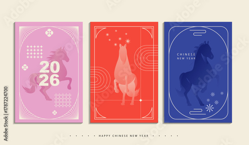 Lunar new year greeting card vector poster set. Chinese New Year 2026 ,Year of the Horse, line art, outline, simple linear. adorned with traditional asian elements. lanterns. vector design.