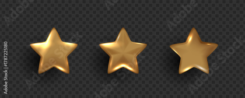 3D gold stars different shapes on white background. stars glossy colors. realistic 3d design cartoon style for christmas with decorative holiday elements. vector design.