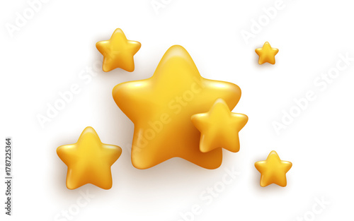 3D yellow stars different shapes on white background. stars glossy colors. realistic 3d design cartoon style for christmas with decorative holiday elements. vector design.
