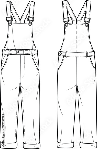 Fashion overalls technical sketch, front and back view, adjustable straps, belted waist, rolled cuffs, garment construction, pattern design, illustration