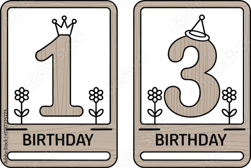 Two wooden birthday cards, one with a number 1 and crown, the other with a number 3 and party hat
