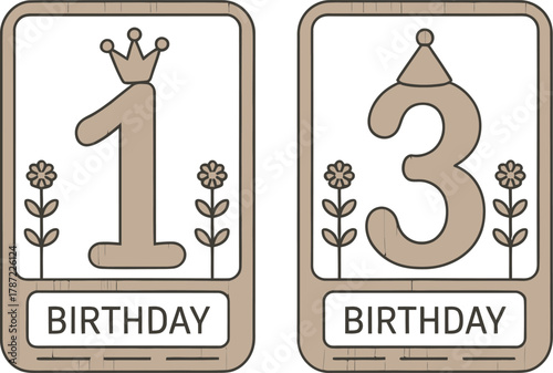 Adorable Birthday Cards Featuring Numbers 1 and 3 with Floral Accents