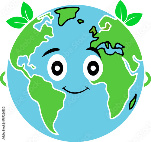 Friendly cartoon earth with leaves and a happy face