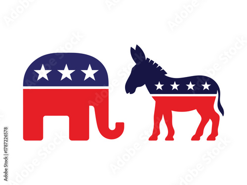 Republican elephant and democratic donkey symbols, representing the two major political parties in the united states, on white background