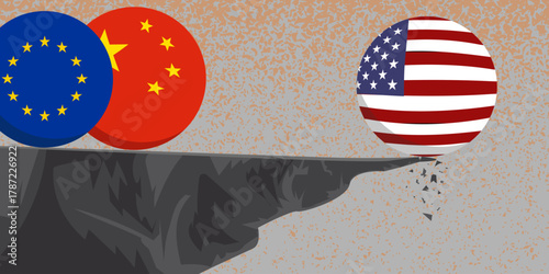 economic and political crisis in the United States, USA flag ball roll off a cliff, China Europe watching from behind. Recession, depression, tax trade, tariffs war, american treasury bonds market 