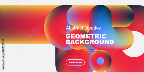 Vibrant abstract shapes overlap, creating dynamic geometric background. Text promotes content with read more button.