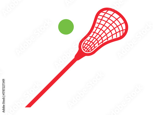Illustration of a red lacrosse stick and green ball for sports and recreation