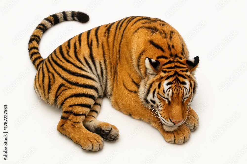 Obraz premium Resting tiger top down composition with tail curled forward framing forepaws and head turned softly to the side on white