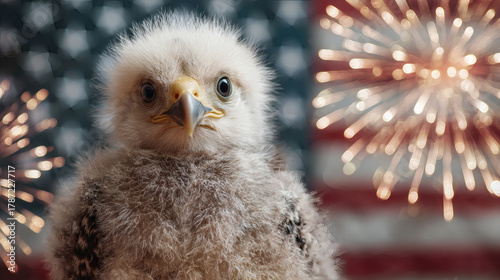 Close-up of a fluffy baby bald eagle with the American flag and fireworks in the background.