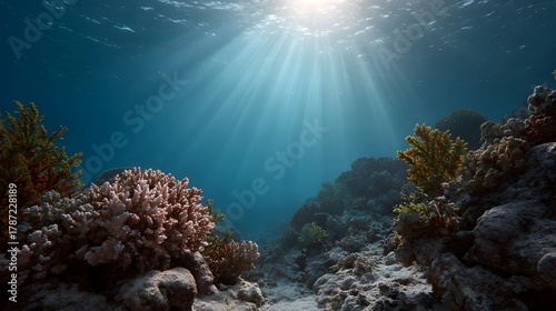 Fototapeta Naklejka Na Ścianę i Meble -  Sunbeams pierce the deep blue ocean illuminating a vibrant coral reef teeming with marine life and rocky seabed