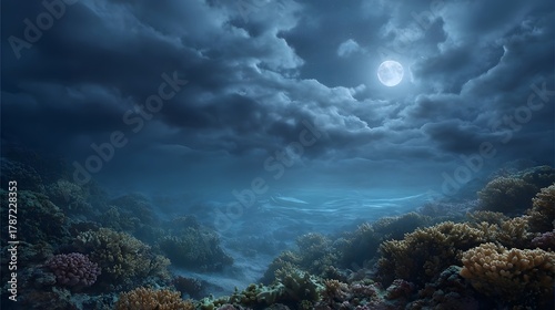 Fototapeta Naklejka Na Ścianę i Meble -  A mystical underwater coral reef bathed in ethereal moonlight with dramatic dark clouds and calm deep ocean waters