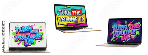 Three laptops on desks display a "Turn the volume up" graphic.