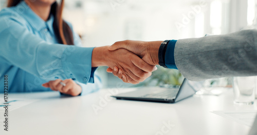 Shaking hands, interview and welcome for hiring, recruitment process and deal at company. Person, human resources manager and handshake with thanks, agreement or onboarding with success at agency