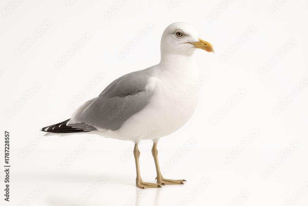 Fototapeta premium Seagull extreme close up head and beak portrait beak slightly open with fine feather barbs visible on white