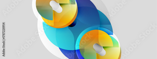 Abstract shapes overlap, creating vibrant color blends. Pill capsules float above layered forms, suggesting medicine, health concepts.