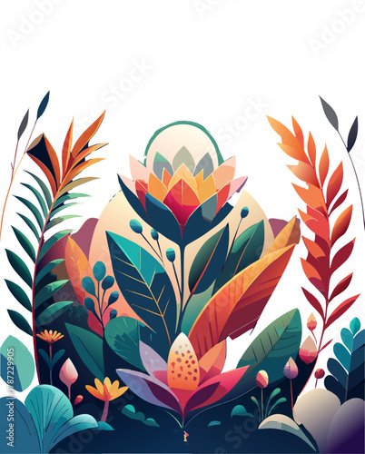 Abstract colorful lush exotic foliage floral display