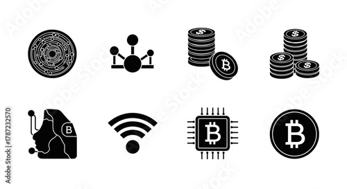 Digital Cryptocurrency Finance Bitcoin Blockchain Network Icons for Secure Transactions and Technological Growth