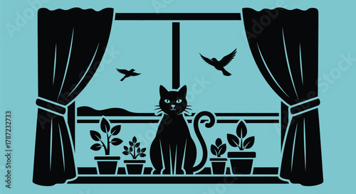 Black cat silhouette window plants birds vector illustration art