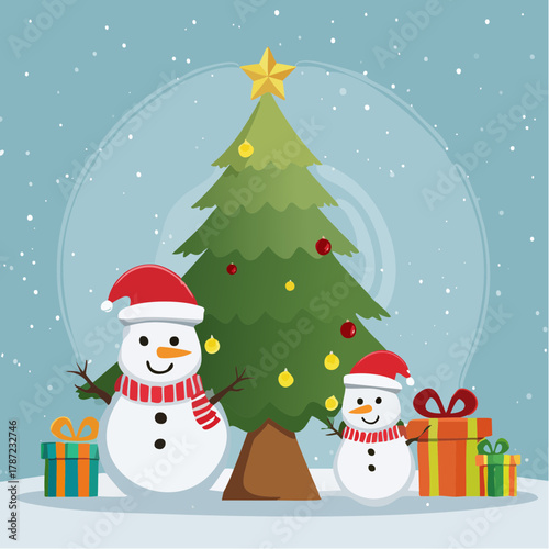 Festive Christmas Scene with Snowmen Decorated Tree and Holiday Gifts
