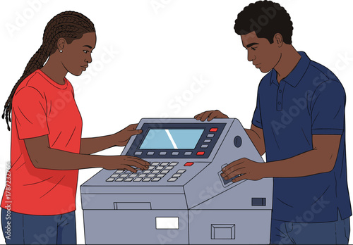 Electronic voting machine, secure ballot system, keypad interface, card authentication, STEM education, innovation, teamwork, democracy, technology, civic engagement