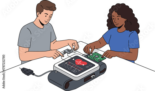 Electronic medical device repair, heart monitoring system, biomedical engineering, STEM education, diagnostics, innovation, teamwork, circuit board, tools, healthcare technology