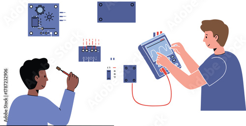 Oscilloscope waveform analysis, soldering circuit board, electronics workspace, STEM education, diagnostics, innovation, tools, teamwork, microcontroller, battery module