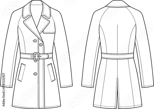 Fitted women's belted trench coat jacket flat technical vector illustration, raglan sleeves, double-breasted, fashion design template CAD.