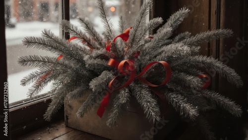 Festive Winter Window Display with Evergreen Branches and Red Ribbons.