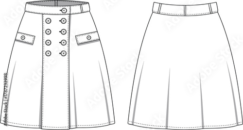 Women's high-waisted A-line skirt flat technical vector illustration, double-breasted button detail, flap pockets, fashion template design.