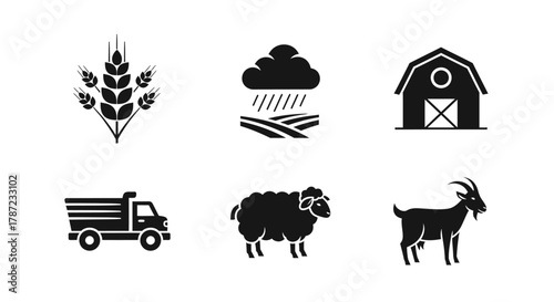 Agricultural Icons Wheat, Rain Cloud, Barn, Truck, Sheep, Goat - Farm Life Symbols
