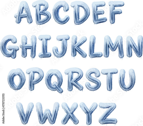 Complete detailed frosty ice effect balloon style letter alphabet font set, perfect for winter holiday designs and creative typography projects
