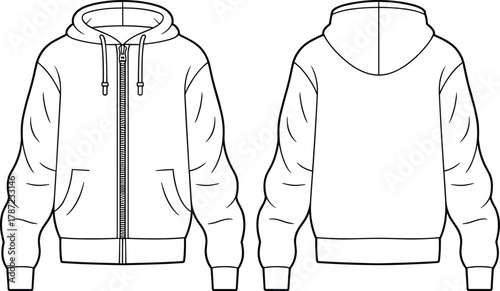 Unisex hooded full zip-up sweatshirt jacket flat sketch vector illustration, oversized fit, drawstring hood, technical fashion template design.