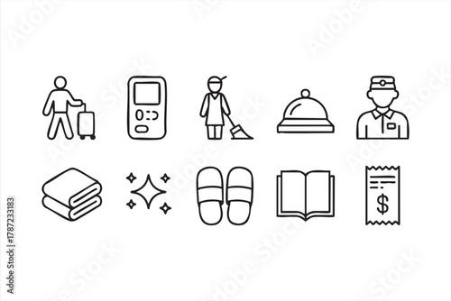 Hospitality and hotel service icons vector set for travel business and accommodation design