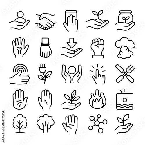Diverse collection of hand gestures and environment-related symbols, meticulously crafted as line icons. A comprehensive set suitable for various design applications. 