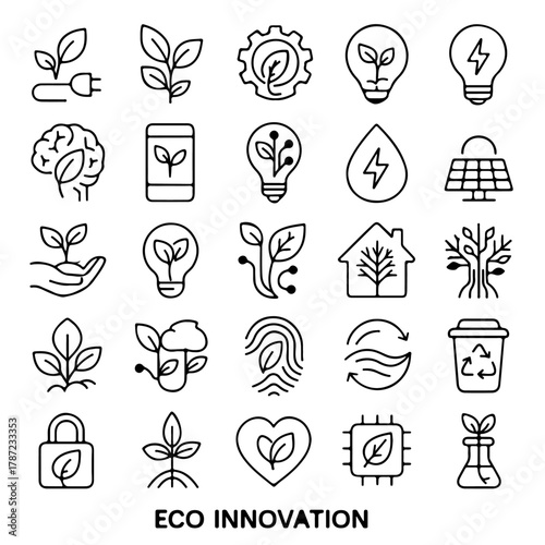 Eco-Innovation icons, representing sustainability and green technology in a modern line art style. The icons symbolize eco-friendly concepts.