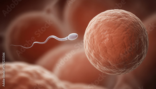 Microscopic view of human sperm fertilizing an egg cell, symbolizing reproduction and the beginning of life
