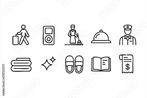 Black and white hotel icon set for booking, room service, and concierge themes