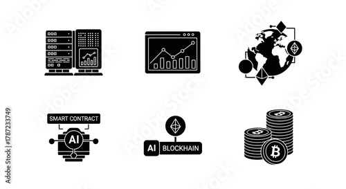 AI Blockchain Technology Icons Data Analysis, Smart Contracts, & Global Crypto Network