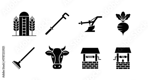 Black and White Vector Icon Set Farming Elements, Agriculture, and Rural Life