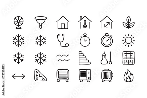 Climate control and energy efficiency vector icons for heating and cooling systems