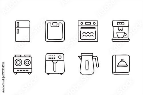 Line art household equipment set featuring fridge, oven, and coffee machine