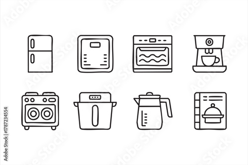 Minimal vector icons of kitchen gadgets and home cooking tools