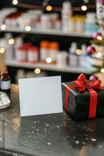 Festive pharmacy black friday mockup with gift and card display for holiday promotions. Template, mock-up for pharmacy, drugstore, cosmetics store. Vertical banner. Copy space